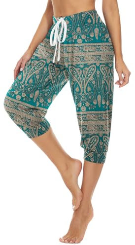 HAPYWER Haremshose Damen Kurz Yogahose 3/4 Lang Capri Sommerhose 3/4 Leicht Sporthose Strandhose Luftige Pumphose Aladinhose für Pilates Yoga S-2XL(Grün-1,XXL)