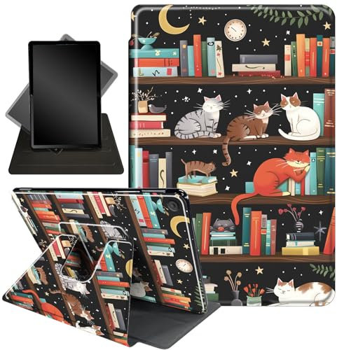 for Kindle Fire 7 case 2019 2017 Release 9th 7th Generation,360 Degree Rotating Stand Smart Protective Cover Case for Amazon fire 7 Tablet 9th/7th Generation,Cat and Bookshelf 0