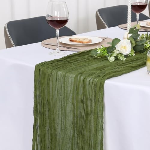 Jumdast Käsetuch Tischläufer Boho, Tischläufer Modern, Table Runner | Tischläufer Outdoor Weihnachten abwaschbar Musselin Chiffon Stoff Hochzeitsdeko Taufe Deko Tischdeko (Olivgrün, 90 x 180 cm)