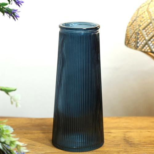 Blue Tall Ribbed Glass Flower Vase Rustic Home Decor 22cm 9inch Cylinder Glass Planter For Centerpieces Tabletop