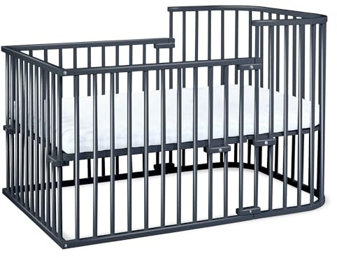 babybay Boxspring Beistellbett aus massivem Buchenholz/kompakt & verwandelbar/Kinderbett Höhe stufenlos verstellbar/mitwachsendes Babybett (schiefergrau lackiert) / Kinderbettset