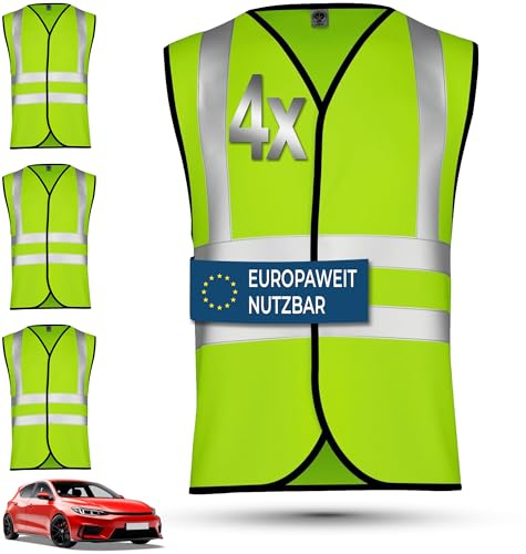 OMKA Warnwesten 4er Set Auto – Sicherheitswesten Herren & Damen nach EN ISO 20471:2026 – Reflektierende Warnwesten 360° Sichtbarkeit – Europaweit gültige Pannenwesten für PKW, KFZ & Reisen, XL