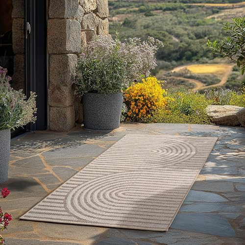 Teppium Outdoor Teppich Beige 80x150 cm Läufer, Wetterfest & UV-beständig, ideal für Küche, Balkon, Terrasse auch Wohnzimmer und Esszimmer, Skandinavisches Boho-Design