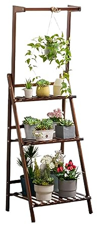 GUHPZA Hängender Pflanzenständer, 2-Stufige Leiter, Blumen-Raster Für Zimmerpflanzen, Holz-Blumentopfständer Für Mehrere Topfpflanzen, Regal Für Fenster, Balkon, Wohn,Brown-50cm