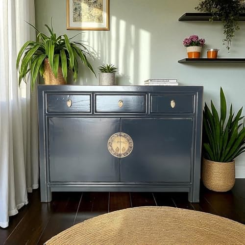OPIUM OUTLET Commode chinoise Asia Buffet oriental Armoire asiatique Vintage Meuble Buffet Armoire de mariage entièrement assemblée Bleu nuit Bleu nuit