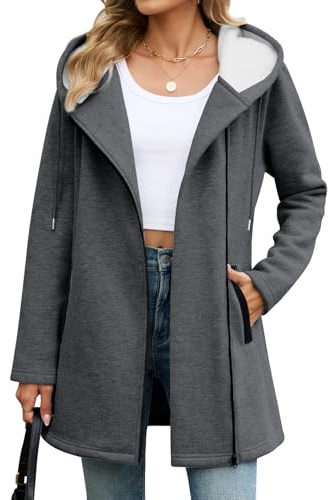 Vancavoo Fleecejacke Damen Sweatjacke mit Kapuze Übergangsjacke Hoodie Jacke Elegant Kapuzenpullover Frühling Herbst Lang Kapuzenjacke mit Taschen,Dunkelgrau,L