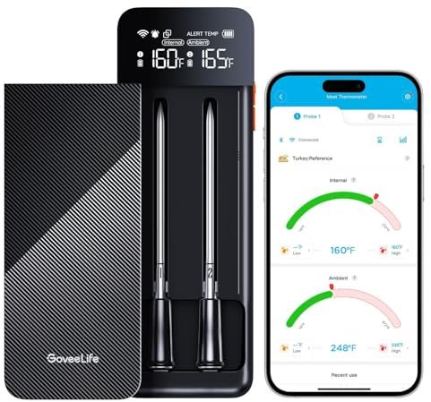 Govee Wireless Fleischthermometer mit 2 Sonden, Unbegrenzte WLAN-Reichweite, IP68 Wasserdicht, Echtzeit-Überwachung, Grill, Backofen und Räuchern - B5192011