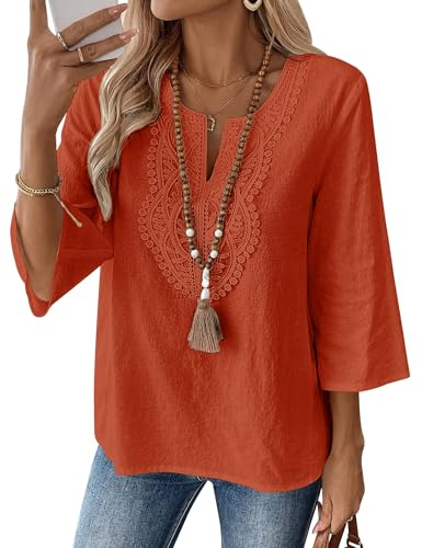Rapbin Blusa para mujer, manga 3/4, elegante, cuello en V, algodón, encaje, camiseta informal, holgada, túnica