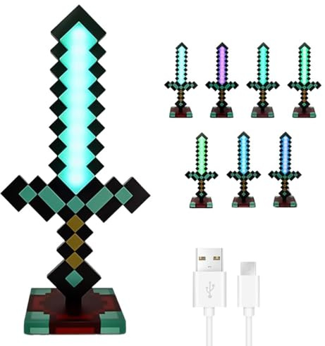 KBIBCK Diamantschwert Licht, 39 cm Diamant-Schwert Lampe Carft, Wiederaufladbare mit USB-C Sockel, 7 einstellbare Farbmodi, Pixel Schwert für Hand und Tisch zur Dekoration, Geschenke