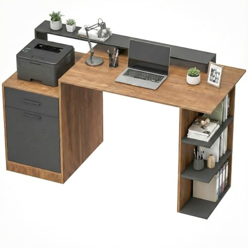 HOMCOM Schreibtisch 140x60cm Computertisch Bürotisch mit Schubladen Eiche | Kopfhörerhaken, Schrank und Regalen, PC Tisch, für Home Office, Arbeitszimmer, Schlafzimmer