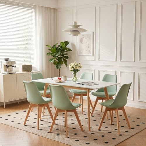 H.J WeDoo Esstisch mit 6 Stühlen Essgruppen,Rechteckig Tisch Ausziehbar aus MDF und Modern Esszimmerstühle für Küche,Esszimmer,Wohnzimmer,Büro(120-160cm Weiß Tisch+6 Eiscreme Grün Stühle)