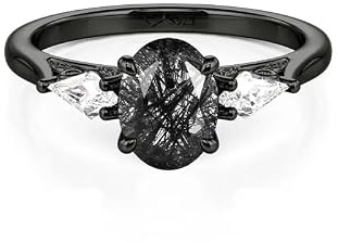 Damen Ring Schwarz Rutilquarz Solitär Bandring 925 Sterling Silber Fingerring Gothic Thorn Bypass Ring Rundschliff Stein Schmuckring Gotisch Verlobungsring für Frauen Geschenk