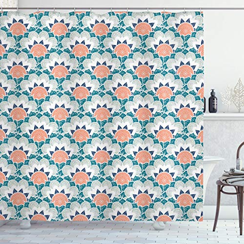 ABAKUHAUS Blumen Duschvorhang, Türkisch Boho Muster, Stoffliches Gewebe Badezimmerdekorationsset mit Haken, 175 x 240 cm, Teal Lachs
