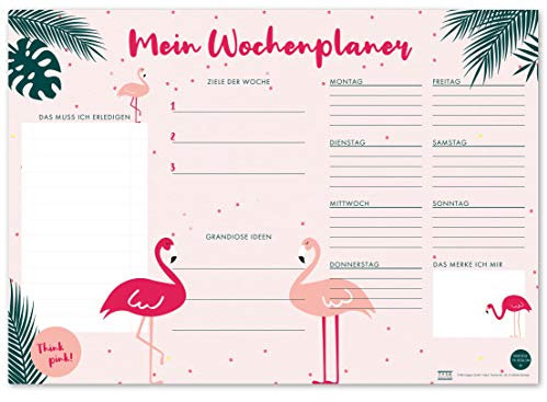 TYSK Design Schreibtischunterlage Flamingo rosa (Design wählbar) Tischunterlage aus Papier zum Abreißen DIN A3 To Do Liste Notizblock Wochenplaner
