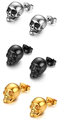 JewelryWe Schmuck 3 Paare Herren Ohrstecker Set, Edelstahl Totenkopf Schädel Punk Rock hip hop Ohrringe Ohr-Piercing für Männer Junge, Gold Silber Schwarz