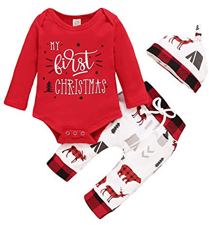 Geagodelia Baby Weihnachtsoutfit Mädchen Jungen Weihnachten Kleidung Langarm Body Weihnachtsstrampler + Hose + Mütze Babykleidung Set Neugeborenen 0-6 Monate 3tlg Outfits (Rot, 6-9 Monate)