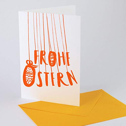 10 schöne Karten für Ostern: Frohe Ostern (Handlettering: Ulrike Jensen), Klappkarten mit gelborangenem Umschlag