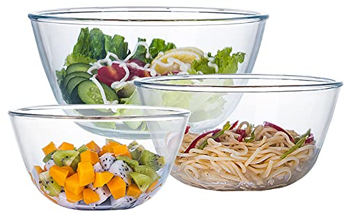 Homwin Glass Mixing Bowl Set for Baking 3-Piece Salad Bowl Set (1qt, 2.5qt, 4.2qt), High Brosilicate Large Bowls for Kitchen Prepping Serving and Storage, Microwave Dishwasher Oven Safe