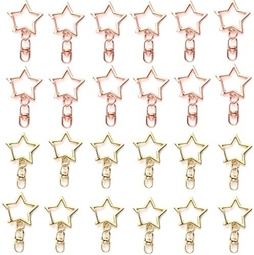 24 portachiavi in metallo a forma di stella, pentacolo, portachiavi fai da te, accessori per realizzare portachiavi, ciondoli e gioielli artigianali (oro, oro rosa)