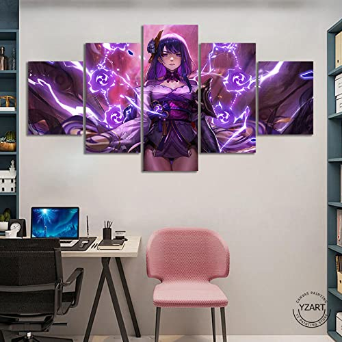 Wondbeau Leinwanddrucke Modulare Wandkunst Wandaufkleber 5 Teiliges Wandbild Druck auf Leinwand Malerei Moderne Abstrakte Poster Mit Rahmen XL/200cm×100cm Raiden Shogun Genshin Impact