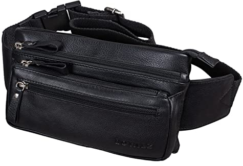 ROYALZ 'Vegas' Bauchtasche Leder Flach Herren Damen Flache Gürteltasche Vintage 5 Fächer Retro Hüfttasche Brusttasche, Farbe:Schwarz