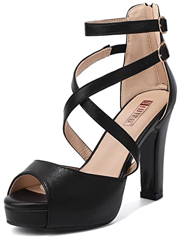 IDIFU Women's IN4 Platform Heels Strappy Chunky Heels For Women Dressy Peep Toe High Heels For Women Bridal Wedding Shoes For Bride On Evening Prom(Black Pu, 7 M US)