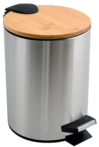 Spirella - Poubelle à Pédale Adonis - Acier et Bambou - Couvercle à Fermeture Silencieuse Slow Close - Revêtement Anti-Traces - Inox Brossé - 5L