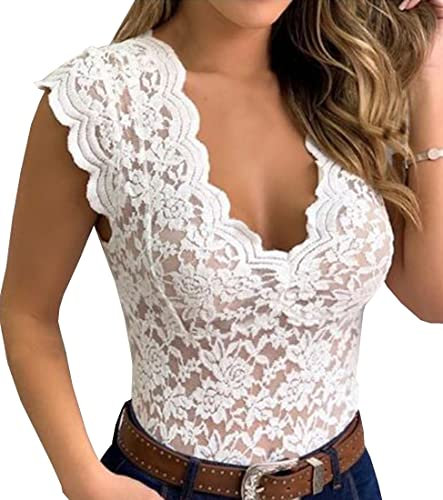 PANOZON Vest Tops for Women Summer Lace Tops Ladies V Neck Sleeveless Corset Tank Tops White L