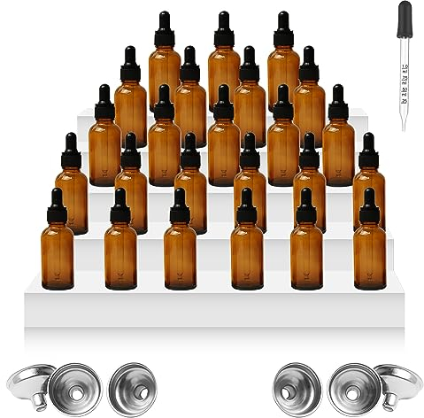 DRERIO Lot de 24 Flaconpipette, Compte Gouttes Pipette 30 ml,Flacon Verre Ambré 8 Accessoires, fiole 30ml pour petits échantillons rechargeables, Huile Essentielle, Aromathérapie, Massage, Cosmétique