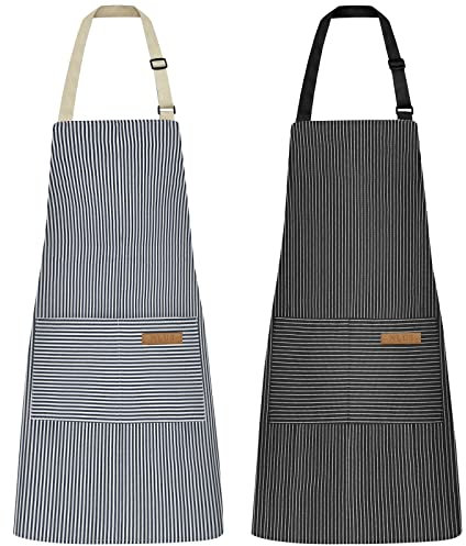 NLUS 2 delantales de cocina, mezcla de poliéster y algodón, ajustables, suaves, con 2 bolsillos, para mujeres, hombres, chefs (rayas azules/rayas negras)