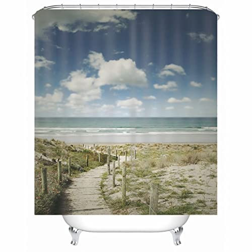 EHOMERY Rideau Douche Van Aménagé Rideau pour La Salle De Bain Sentier d'herbe du Ciel Rideau De Douche Anti Moisissure Rideau sous Evier Salle De Bain Polyester Bleu Vert 120X180Cm