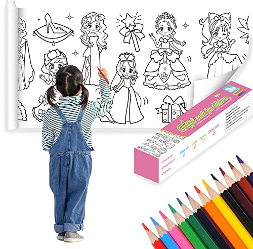 Kaizuca 30CM * 3M Kinder Malrolle Ausmalen, DIY Ausmalrolle, Zeichenpapier Rolle, Selbstklebend, Schneidbare, mit 12 Buntstiften, für Jungen, Mädchen, Schule, Geburtstagsgeschenke (Prinzessin Muster)