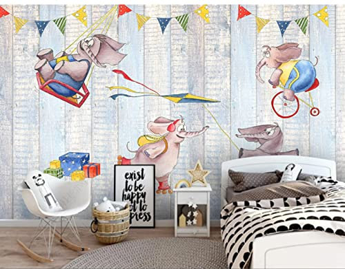 Fototapete 3D Effekt 3D Tapete Cartoon Holzwand Elefant Kinderzimmervlies Wandbild Wanddeko 200(W) X140(H) Cm