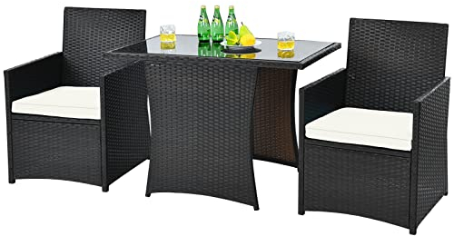 COSTWAY Ensemble de Meubles de Patio 3 Pcs en Rotin PE Charge 160KG, Salon de Jardin avec Coussins Plateau de Table en Verre Trempé, pour Jardin Bord de Piscine (Blanc)