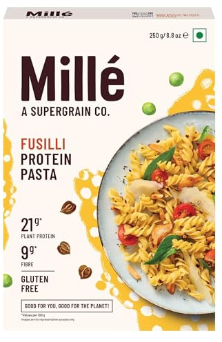 Mille High Protein Fusilli Pasta | 21g Protein | 9g Fibre| Gluten Free | Plant based Vegan Pasta | 250gms