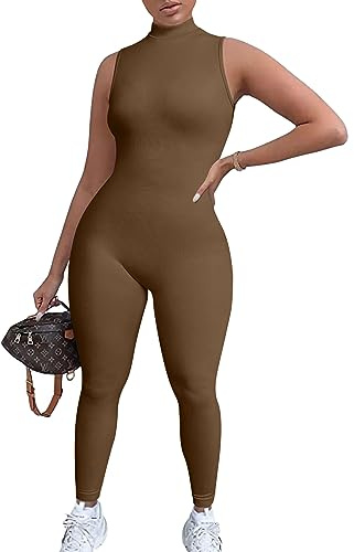 TOB Frauen Yoga Jumpsuits Workout Gerippt Ärmellos Sport Jumpsuits, Kaffee, Small