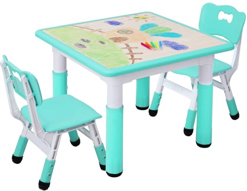 MAMIZO Kindertisch mit 2 Stühlen, Kindersitzgruppe Höhenverstellbar, Tisch Stuhl Set für Kinderzimmer, Plastik Kindermöbel, Sitzgruppe für Jungen Mädchen ab 2 Jahre(Minzgrün, Quadratischen Tisch