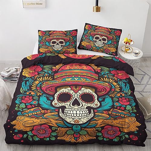 GEDAEUBA Mexikanisch Totenkopf Bettwäsche 155x220 - Tag Der Toten Bettbezug 155x220 3 teilig, Wendebettwäsche und Kissenbezug 80x80, Weiche & Angenehme Mikrofaser Bettwäsche-Sets mit Reißverschluss