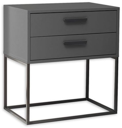 SUNA Nachttisch in Graphit - Moderner Nachtschrank mit Schubladen und schwarzem Metallgestell - 60 x 65 x 38,5 cm (B/H/T)