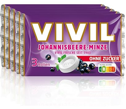 VIVIL Rollen Johannisbeere-Minze, zuckerfreie Bonbons, 15 x 28 g | Fruchtig-erfrischende Pastillen für frischen Atem, Familienpackung für Zuhause und Büro
