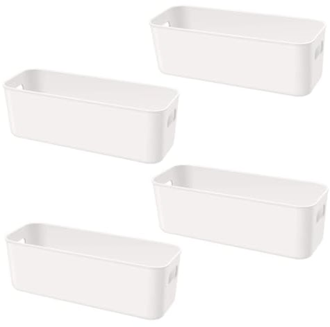 Govfrey 4 Pack Storage Baskets,Plastic Storage Box for Shelves, Cabinet Drawer Liner,Kitchen Storage Organiser,Small Narrow Bathroom Cupboard Storage Container Organisation Bins ,White Rectangle
