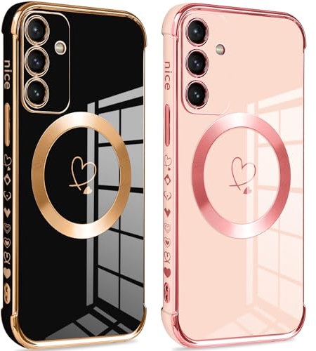 Pnakqil per Magnetica Cover per Samsung Galaxy S24, 2 Pezzi Ultra Sottile Motivo Cuore Silicone Custodia, Compatibile con MagSafe, Antiurto TPU Case per Samsung S24 6.2 Pollici, Nero e Rosa