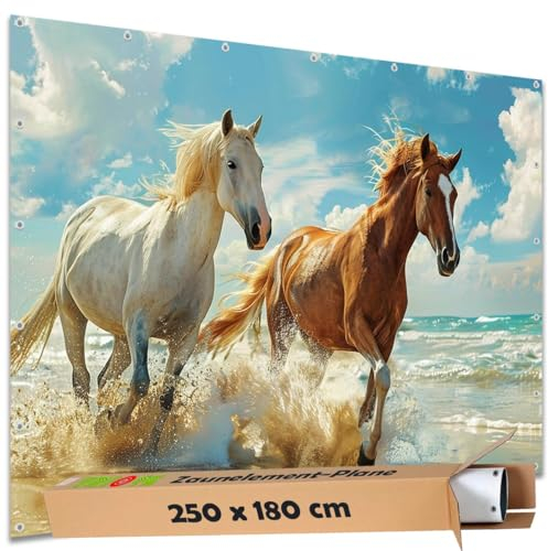 TRIOSK Sichtschutz Garten Deko Zaun Plane Blickdicht groß mit Zaunblende Motiv Meer Pferde am Strand für Zaunelement Doppelstabmatten Stabmattenzaun Gartenzaun PVC 250x180 cm