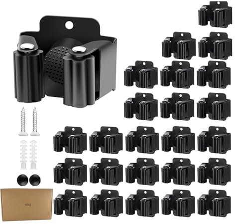 Broom Mop Holder Wall Mounted 25 Pack No Screw Mop Clamp Clip Hanger Stainless Steel Organizer Gripper Mount Utility Rack with Installation Screws Self Adhesive for Shovel Handle Garden Tool Black