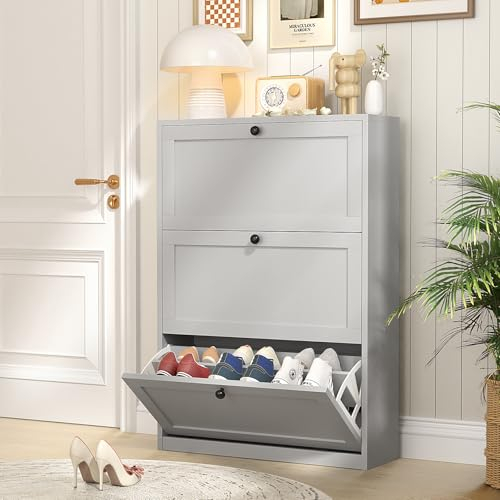 VOWNER Schuhschrank mit 3 Klappen, Schuhregal Schuhkipper Schmal, Schuhschrank Grau, mit 6 Fächern, Schuhablage Verstellbar, 80 x 24 x 117 cm, für Eingangsbereich, Flur
