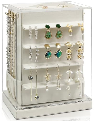 KAMIER Schmuckaufbewahrung 360° Drehbar, Schmuckkasten 5 Schubladen, Grosses Schmuckkästchen Aufbewahrung Ohrring, Seitliche Öffnung Glasfenster, offenes Design, Vertikale Jewelry organizer(Beige)