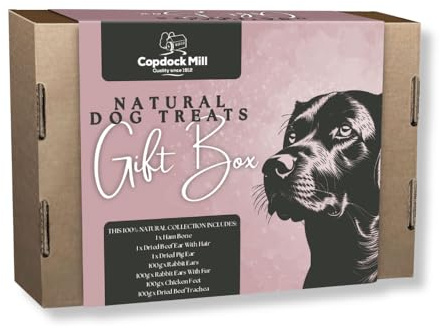 Copdock Mill Natural Dog Treats Gift Box - Includes Ham Bone, Dried Beef Ear, Pig Ear, Rabbit and Chicken Feet, Dried Beef Trachea, and More