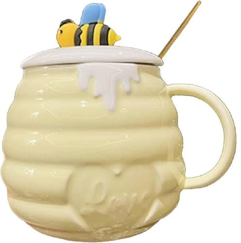 Huiyiwert Tasse à café mignonne 400 ml - Tasse à café en céramique avec couvercle et cuillère - Jolie tasse de bureau - Tasse à lait - Tasse à cacao - Cadeau pour femmes, filles, petite amie (jaune