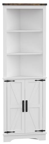Panana Tall Corner Bathroom Cabinet, Freestanding Farmhouse Storage Cabinet with 2 Door & Adjustable Shelves Wooden Storage Hutch Cupboard for Bathroom, Kitchen, Living Room (White)