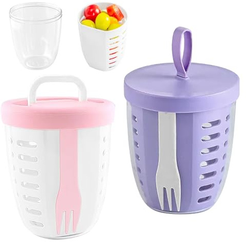 Occupaternm Set di 2 contenitori doppi per frutta e verdura (600 ml), 1 viola + 1 rosa, con colino e forchetta, perfetti per viaggi, ufficio e scuola (viola con manico + rosa con manico)